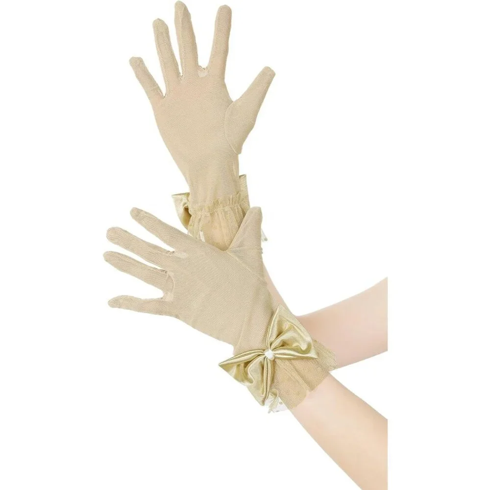 Women's Short Apricot Lace Bow Polka Dots Gloves Mesh Wedding Tea Party Prom